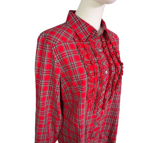 Pendleton Red Plaid Ruffle Front Button Down Shirt Long Sleeve Size Large - Picture 7 of 7